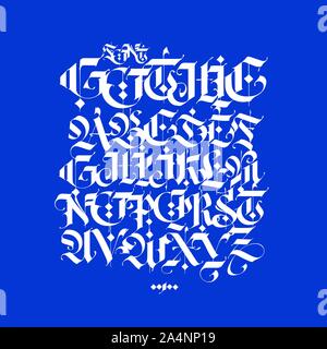 Gothic, English alphabet written in chalk. Vector font for tattoo and commercial purposes. Elements isolated on a blue background. Medieval latin lett Stock Vector