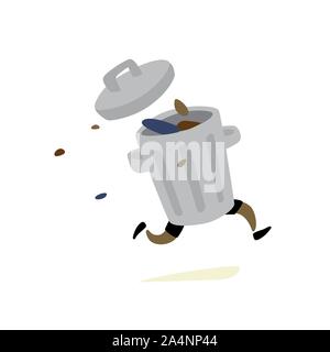 Illustration of a trash can. Vector. Trash runs to the rescue. Character for stickers and garbage cleaners. Stock Vector