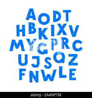Blue letters in random order. Vector. Letters in a floral ornament. Cartoon doodle style. English alphabet. Stock Vector