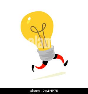 Illustration of a running light bulb. Vector. Character icon of a yellow lamp, light source. Metaphor of an idea coming to mind. Creative thought rush Stock Vector