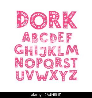 Alphabet of pink letters in a floral ornament. Vector. Letters in a vegetable pattern. Cartoon doodle style. English alphabet. Stock Vector