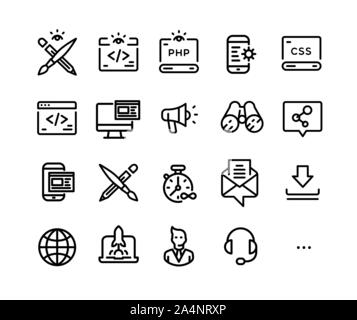 Icons on the topic of IT technology. Vector. Set of icons developers of applications, sites and software. Simple contour style. Pixel Perfect. Symbols Stock Vector