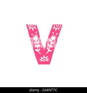 Letter V. Vector. Pink letter with ornament. Applique for clothes. Logo for the company. Stock Vector