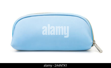 Front view of blue cosmetic bag isolated on white Stock Photo