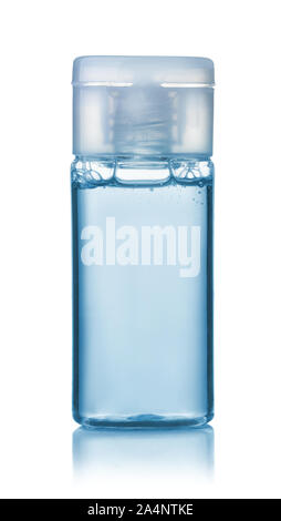 Front view of blue small plastic shampoo bottle isolated on white Stock Photo