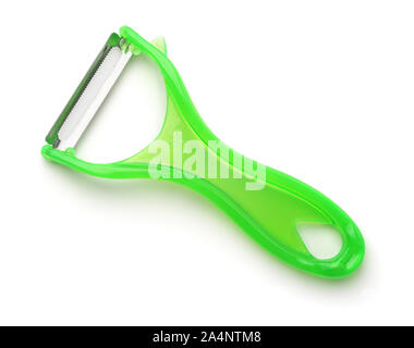 Top view of green plastic vegetable peeler isolated on white Stock Photo