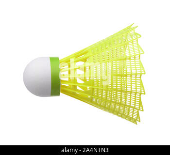 Side view of yellow plastic shuttlecock isolated on white Stock Photo