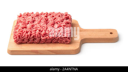 Side view of raw minced meat on wooden cutting board isolated on white Stock Photo