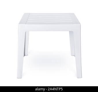 Front view of white plastic patio side table isolated on white Stock Photo