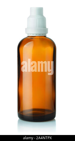 Front view of empty brown medicine glass bottle isolated on white Stock Photo
