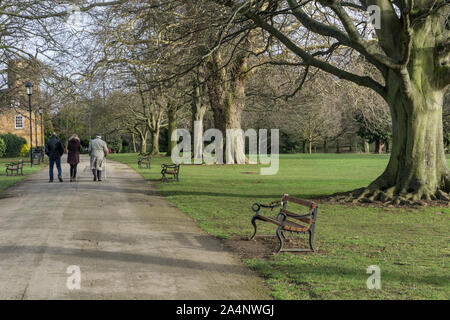 A cold but sunny Winter's day in Abington Park, Northampton, UK; three people walking along a tree lined path. Stock Photo