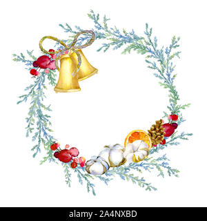 Round frame composed of fir and juniper branches, golden bells, cones, red berries, cotton bolls, orange slices. Beautiful background for cards and in Stock Photo