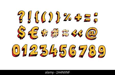 Bright Arabic numerals. Vector. Linear, contour figures. Isometry, 3D. Bulk numbers. Full set of marks and numbers. All signs are separate. Cartoon ci Stock Vector