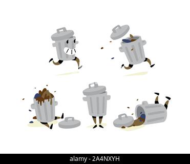 Illustration of a garbage can in different situations. Vector. Character for stickers, garbage cleaners. It is forbidden to litter. Take care of natur Stock Vector