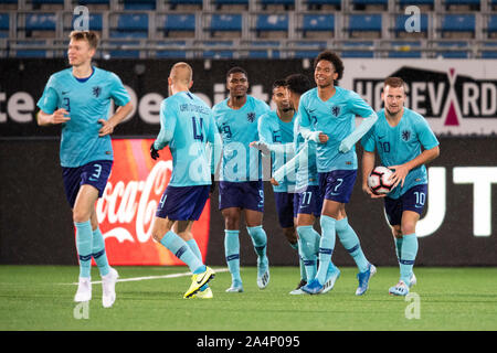 Calvin Stengs of, Netherlands. , . celebrates with teammates after his 0-2 goal during the UEFA European Under-21 Qualifier football match between Norway and Netherlands on October 15, 2019 in Drammen. Photo: Marius Simensen/BILDBYRN/Cop 238 Credit: Pro Shots/Alamy Live News Stock Photo