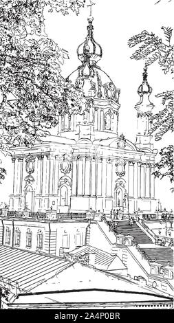 St. Andrew's Church in Kiev. Ukraine - Artwork  black and white drawing sketch vector illustration Stock Vector