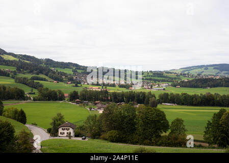 Landscape outside the Ancient town of Gruyère, Switzerland Stock Photo