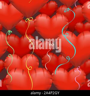 Seamless pattern with Red Heart Shaped Helium Balloons in realistic style. Vector illustration. Stock Vector