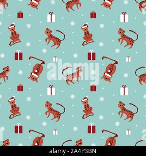 Festive seamless pattern with cute leopards. Funny animals with presents and snowflakes on light background. Christmas vector illustartion. Stock Vector