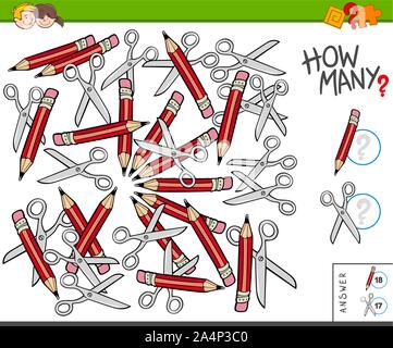 Illustration of Educational Counting Task for Children with Pencils and Scissors Stock Vector