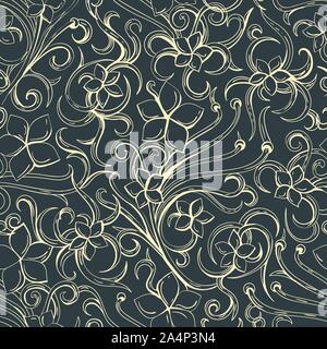 Seamless Pattern with hand drawn flowers on dark background. Vector illustration. Stock Vector