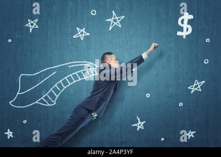 Businessman flying like Superhero to get money Stock Photo