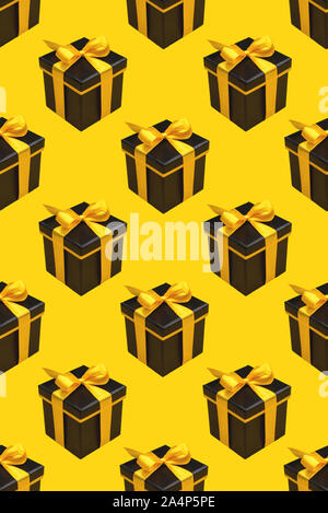 Pattern with lot of black gift boxes on yellow background. Stock Photo