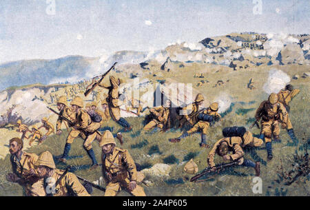 BATTLE OF SPION KOP 23-24 January 1900. Painting showing the British soldiers being driven off the hill by Boer fire. Stock Photo