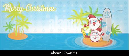 fun santa claus cartoon on island with surf. banner Stock Vector