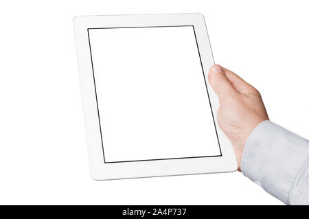 Businessman in blue shirt hold a tablet on white background Stock Photo