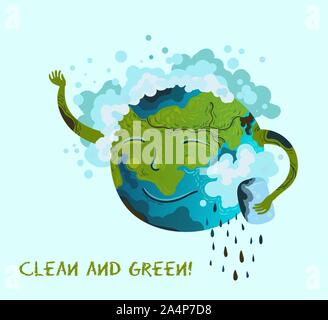 Illustration of a cute planet Earth that washes away trash, pollution, petroleum. Purification of land, air, water, forests. Ecological conceptual ill Stock Vector