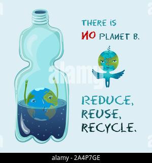 There is no planet B. Vector conceptual ecological illustration of planet Earth that drowning in the plastic bottle. Recycling plastic. Stock Vector