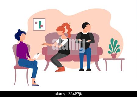 Married caucasian couple having therapeutical meeting at psychologist office. Flat style stock vector illustration Stock Vector