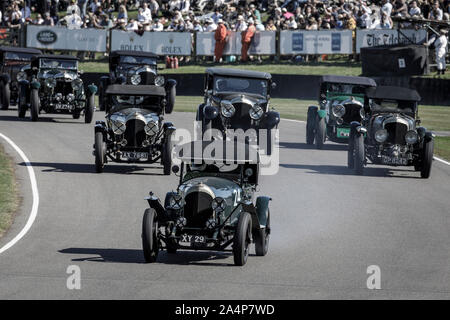 Madgwick Corner on the first lap of the Brooklands Trophy race for pre-war Bentleys at the 2019 Goodwood Revival, Sussex, UK. Stock Photo