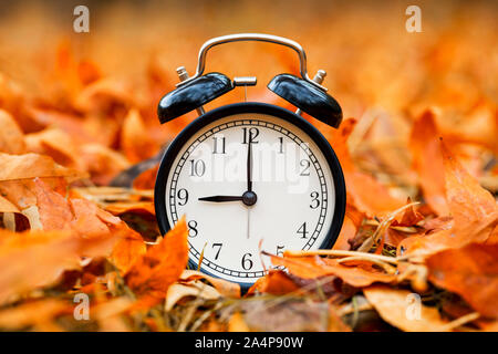 Autumn concept. Alarm clock black on a background of yellow fallen foliage. Fall season. Stock Photo