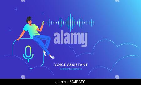 Voice assistant and speech recognition mobile app. Concept modern vector illustration of young man sitting in the sky on microphone app, using smartph Stock Vector