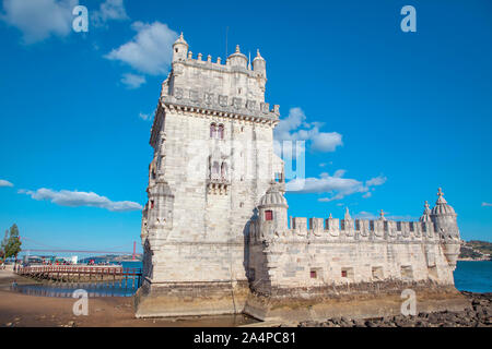 Famous Belem Tower on the Tagus river shore in Lisbon Stock Photo