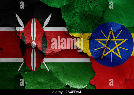 flags of Kenya and Ethiopia painted on cracked wall Stock Photo