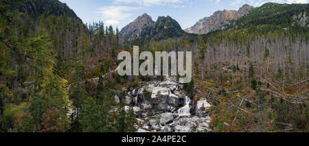 Aerial panorama of Big Cold water creek waterfall in High Tatra mountains, Slovakia Stock Photo