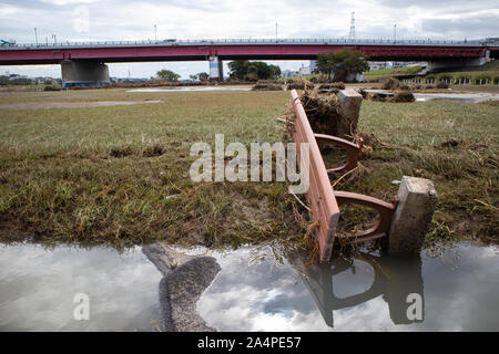 TAMAGAWA, KAWASAKI - October 15, 2019 : Destruction left by the Typhoon Hagibis in the Tamagawa riverbank. Stock Photo