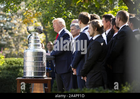 Washington, District of Columbia, USA. 15th Oct, 2019. United States President Donald J. Trump speaks during an event where he hosted the St. Louis Blues, the 2019 Stanley Cup Champions, at the White House in Washington, DC, U.S. on Tuesday, October 15, 2019. Credit: Stefani Reynolds/CNP/ZUMA Wire/Alamy Live News Stock Photo