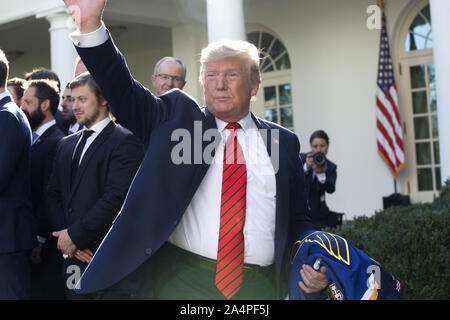 Washington, District of Columbia, USA. 15th Oct, 2019. United States President Donald J. Trump departs the event where he honored the St. Louis Blues, the 2019 Stanley Cup Champions, at the White House in Washington, DC, U.S. on Tuesday, October 15, 2019. Credit: Stefani Reynolds/CNP/ZUMA Wire/Alamy Live News Stock Photo
