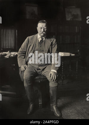 Theodore Roosevelt (1858-1919), 26th President of the United States 1901-09, Seated Portrait in his Library, Oyster Bay, New York, USA, Photograph by William H. Rau, 1912 Stock Photo