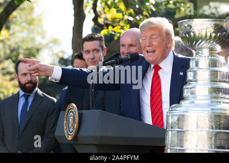 Washington, United States Of America. 15th Oct, 2019. United States President Donald J. Trump speaks during an event where he hosted the St. Louis Blues, the 2019 Stanley Cup Champions, at the White House in Washington, DC, U.S. on Tuesday, October 15, 2019. Credit: Stefani Reynolds/CNP | usage worldwide Credit: dpa/Alamy Live News Stock Photo