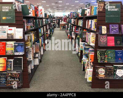 Rows of different colorful books lying on the shelves in the modern urban bookshop, San Diego, USA, Ocotber 09, 2019 Stock Photo