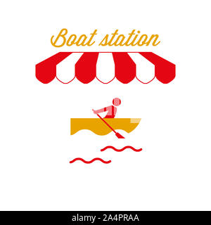 Boat Station Sign, Emblem. Red and White Striped Awning Tent. Rowing Boat Icon. Gold and Red Colors. Flat Illustration. Stock Photo