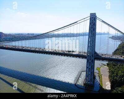 Aerial view of George Washington Bridge in Fort Lee, NJ. George Washington Bridge is a suspension bridge spanning the Hudson River connecting New Jersey to Manhattan New York Stock Photo