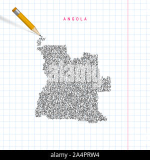 Angola sketch scribble map drawn on checkered school notebook paper background. Hand drawn map of Angola. Realistic 3D pencil with rubber. Stock Photo