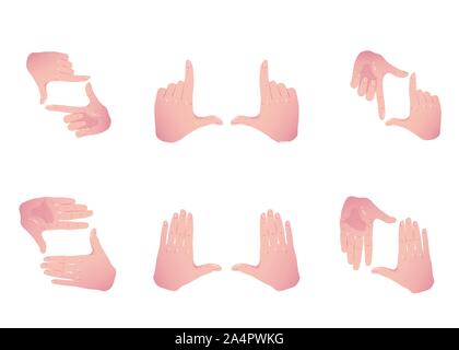 Hands making frame for video or photo. Various combinations of border made from fingers. Photoframe Gestures set. Photo camera icon. Flat Vector isolated on white background. Stock Vector