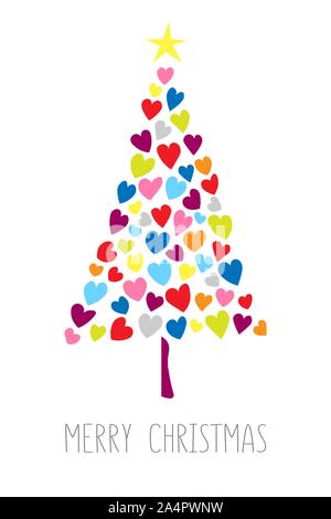 New Year tree made with hearts. Vector card with christmas tree made from hearts and dots. Abstract cute decorative illustration for invitation. Stock Vector